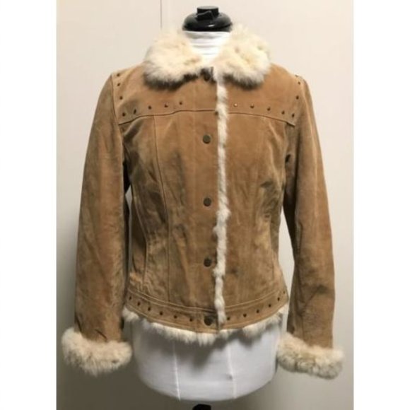 Unbranded Jackets & Blazers - Suede Tan Waist Jacket Rabbit Fur Trimmed Petite M